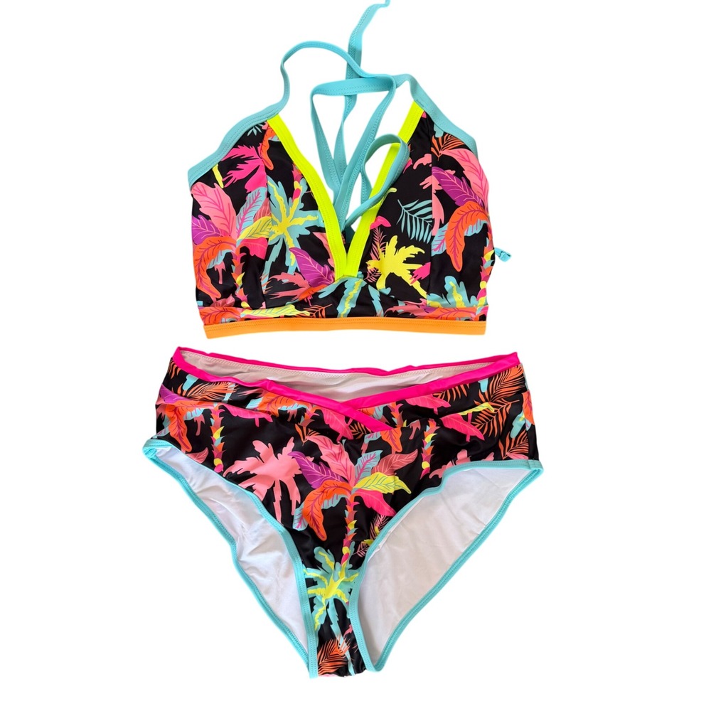 NWT Popvil Neon Tropical Print High Waisted Bikini Set 2 Piece Small - Picture 2 of 4